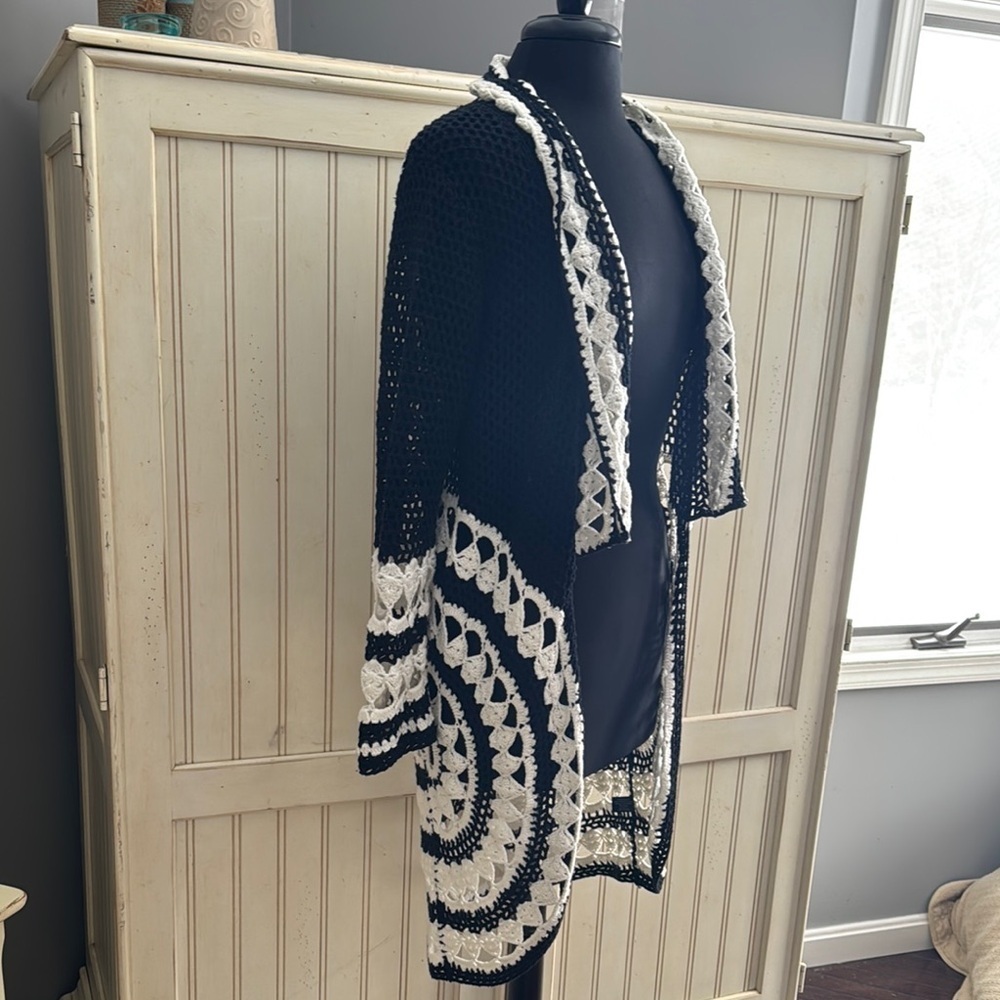 Boston Proper Boho Chic Black & White Crochet Open Front Duster/ Cardigan